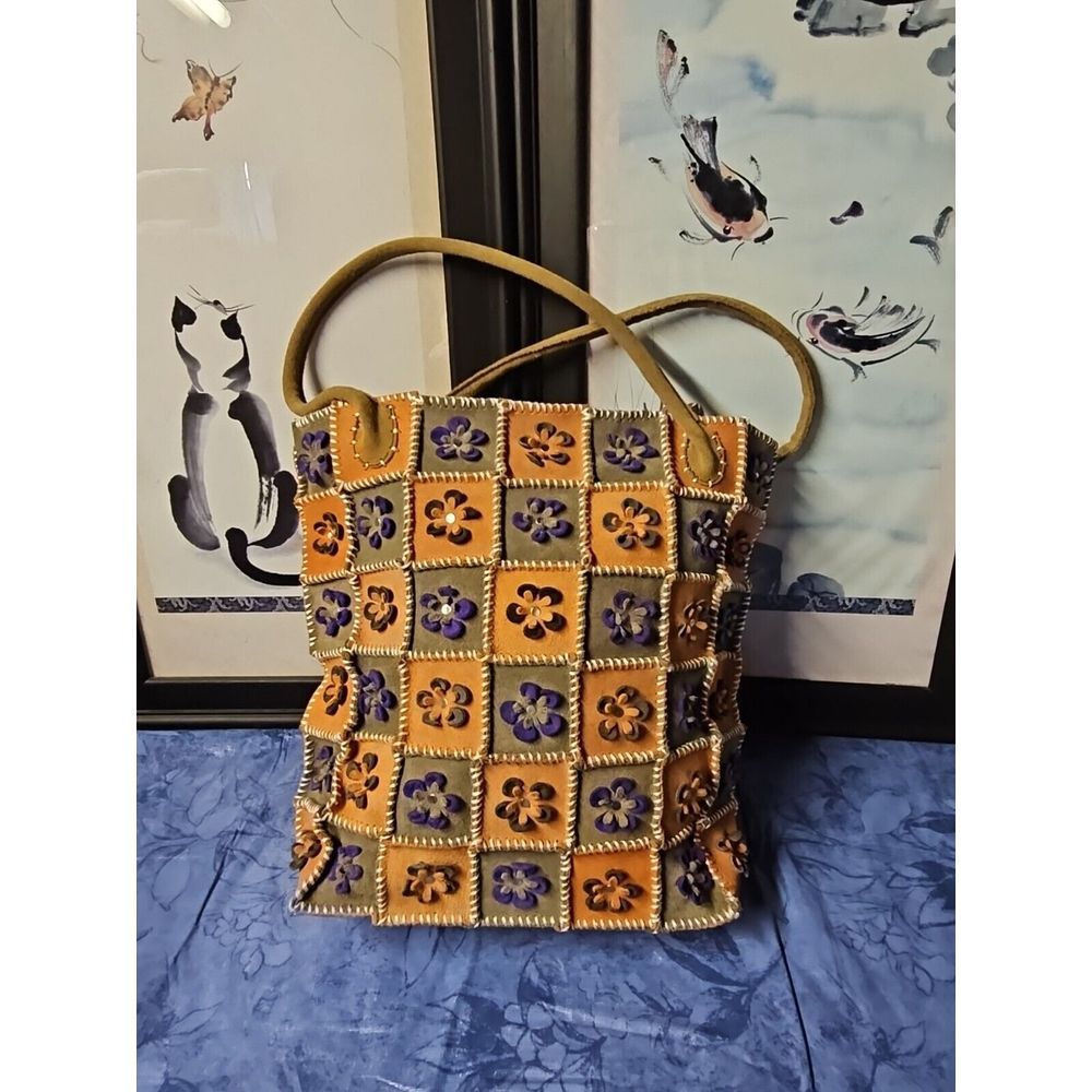 Vtg orange/brown/purple‎  Suede leather Whipstich Floral Checker Board Tote bag